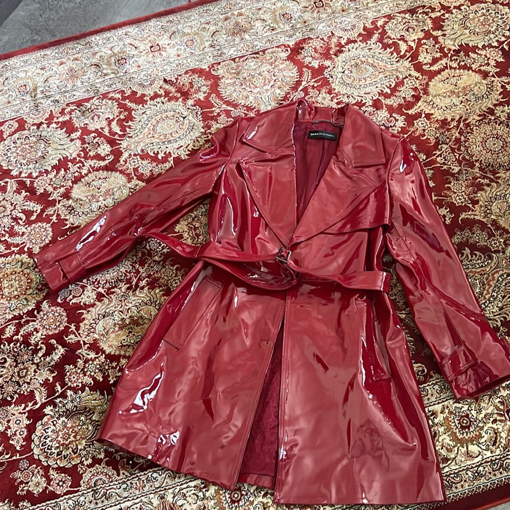 Vintage Dana Buchman patent leather red trench coat